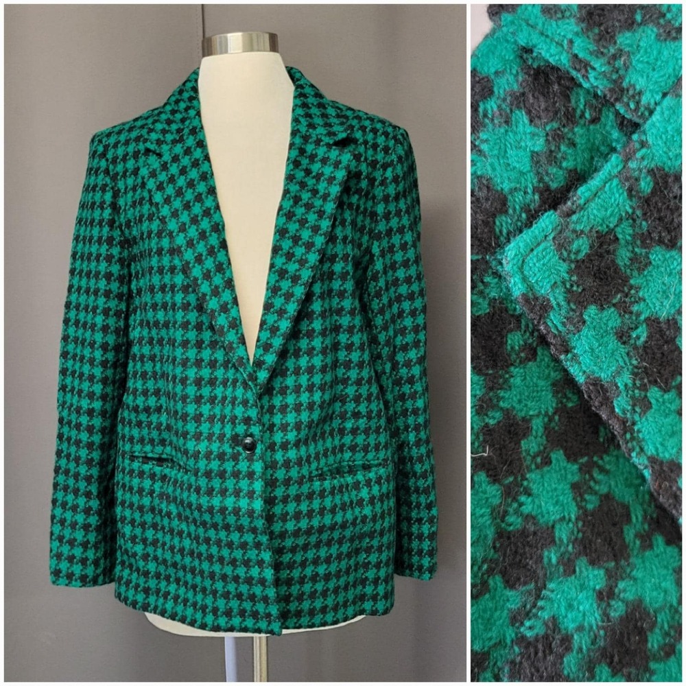 Vintage 80s Royce Ltd‎ Blazer Green Black Houndstooth Wool Made in USA Size 14